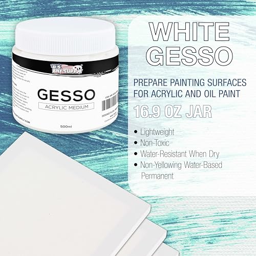 U.S. Art Supply White Gesso Primer - 16.9oz (500ml) for Oil & Acrylic Paint - Superior Coverage, Canvas Prep, Mixable White Gesso Paint Artists - color: White