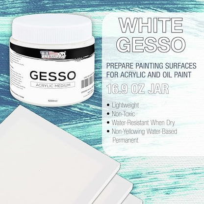U.S. Art Supply White Gesso Primer - 16.9oz (500ml) for Oil & Acrylic Paint - Superior Coverage, Canvas Prep, Mixable White Gesso Paint Artists - color: White