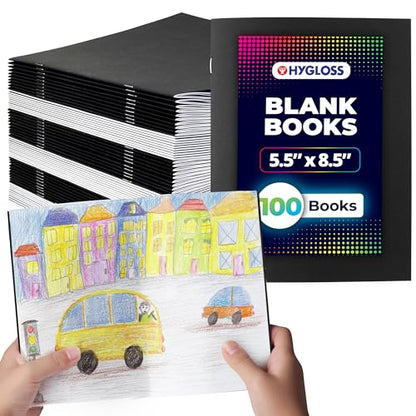 Hygloss Blank Books - Bulk 100 Pack – 5.5" x 8.5" A5 Black Paperback Blank Books for Kids to Write Stories, Doodle, Arts & Crafts – Plain Drawing Sketchbook, Unlined Journal, Notebook Without Lines - color: Black, style: 100 Books