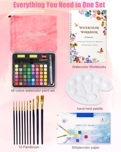 Watercolor Paint Set for Adult Beginner with Flower Watercolor Workbook | 48 Colors Water color Painting Set, Coloring Book, White Palette, Brushes & Pen, Art Supplies for Adults Amateurs - color: c-48clolor-flower