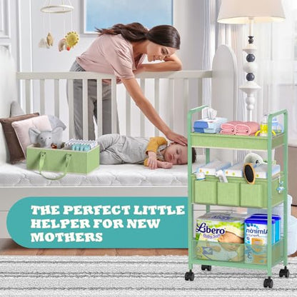 LIDTOP 2in1 Baby Diaper Caddy Organizer Cart, 3-Tier Rolling Cart, Metal Diaper Caddy Carts, Bedside Carts for Nursery Essentials Storage, Detachable Dividers, Large Capacity, Green - color: Green