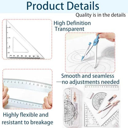 2Packs Maths Set, 7Pcs Protractor and Compass Set Geometry Sets for Secondary School Stationery Supplies - Math Ruler Compasses Geometry Sets Case for Student Secondary Stationary Supplies