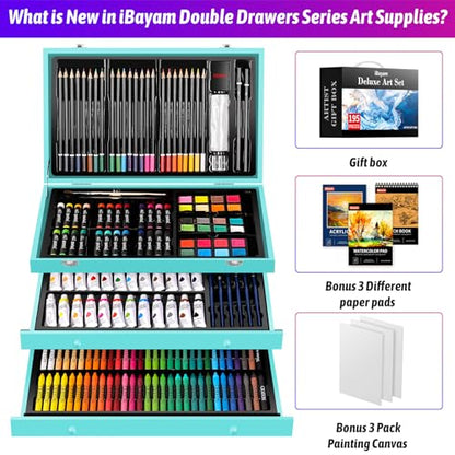 iBayam 195-Pack Deluxe Art Kit – Painting & Drawing Set for Adults | 195-pc all-in-one art set with acrylics, canvases, crayons & pads in a wooden case. Non-toxic & perfect for adult artists - color: Teal