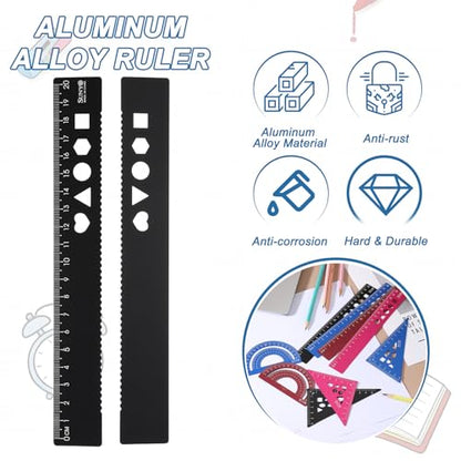 HARFINGTON 4pcs Triangular Ruler Set 20cm Aluminum Alloy Straight Geometric Protractor Triangle Engineering Scale Drafting Ruler Kit Measuring Drawing Tool for Classroom Office Home, Black - color: Black