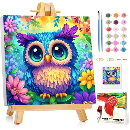 Owl Paint by Numbers Kit for Kids, 8x8 inch | DIY Paint by Numbers for Kids, Ages 4-8-12, with Frame, Wooden Easel, Gifts Box, Fun and Relaxing,Home Wall Decor - color: Owl02