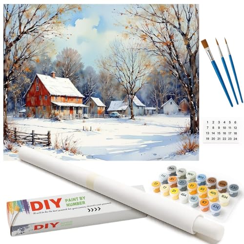Country Winter Paint by Numbers Kit for Adults - DIY Snowy Red Barn and Rural Houses Painting on Rolled Canvas 16x20 Inches, Acrylic Paint Set for Beginners, Art for Home Decoration or Gifts - color: HSX00410, size: 16X20IN Rolled