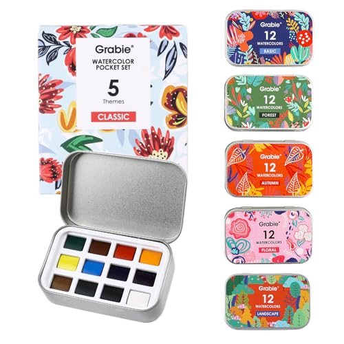 Grabie Set of 60 Color Pocket Watercolor Paint Set, 5 Theme Travel Palette | 60 Colors Across 5 Themes, Pocket Compact Watercolor Palette For Sketching & Painting, Beginner-Friendly Paint Set - color: 60 Color 5 Theme