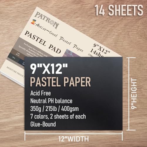 (14 Sheets) PATRON Pastel Paper Pad for Artists, Assorted Colors, 9x12 inches, (215lb/400gsm) 14 Sheets, Art Drawing Paper for Adults and Students,Glue Bound - size: 9*12 Pad （14 Sheets）