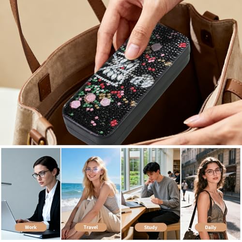 FlyingMage 5D Diamond Art Painting Kit for Adults Beginner, Small DIY Diamond Dots Gem Art Painting Mosaic Kits, Cute Hard Shell Sunglasses Eyeglasses Glasses Case for Women Teen, Flower Skull - color: Black Skull