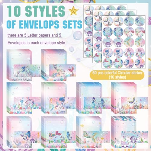 TaoBary 160 Pcs Stationery Paper Set 50 Double Sided Stationery Papers with 50 Matching Envelopes and 60 Round Dot Sticker, 10 Design(Mermaid,8.5 x 11 Inch) - size: 8.5 x 11 Inch, style: Mermaid