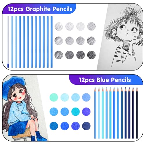 Professional Drawing Set,12 Colored Pencils,12 Graphite Pencils,Eraser,Case - color: Set-Blue