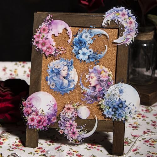 120Pcs Moon Floral PET Stickers, Scrapbook Stickers Kit for Journaling, Ephemera Packs for Junk Journals - color: Moonlit Garden
