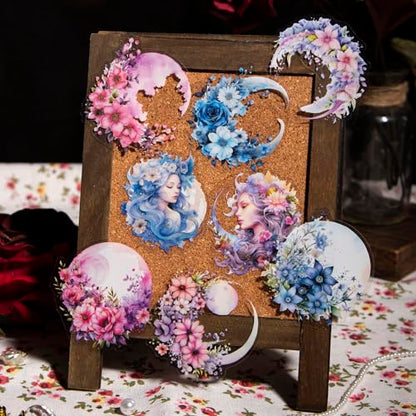 120Pcs Moon Floral PET Stickers, Scrapbook Stickers Kit for Journaling, Ephemera Packs for Junk Journals - color: Moonlit Garden