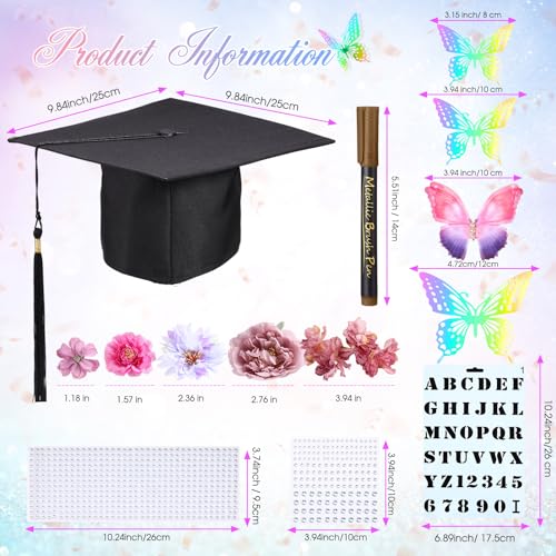 Lyrow 51 Pcs DIY Graduation Cap Decorations Kits Included Grad Cap Pens Faux Flowers Letter Number Stencils Rhinestones Stickers 3D Butterflies for Grad Hat Topper Decors Craft Art DIY(Dark Purple) - color: Dark Purple