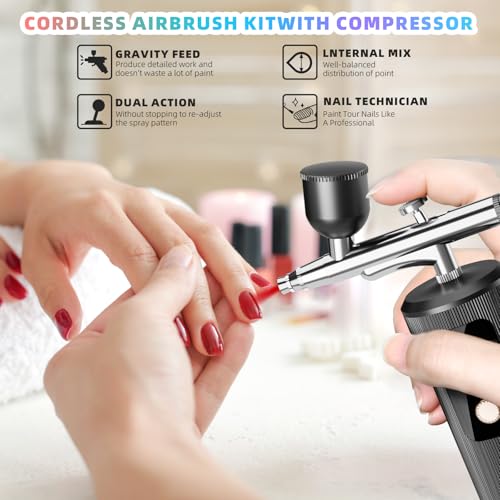 Airbrush Kit with Compressor - 48PSI High-Pressure, Non-Clogging Air Brush Set Cordless Rechargeable with 0.3mm Nozzle, Ideal for Painting, Modeling, Cake Decor, Pastry, Makeup, Nail Art (Black)