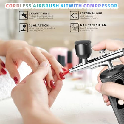 Airbrush Kit with Compressor - 48PSI High-Pressure, Non-Clogging Air Brush Set Cordless Rechargeable with 0.3mm Nozzle, Ideal for Painting, Modeling, Cake Decor, Pastry, Makeup, Nail Art (Black)