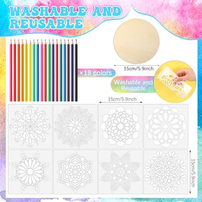 Watersay 42 Pack 6 Inch Mandala Painting Kit, 8 Stencils 18 Wood 18 Pencil | Unfinished Wood Circles to Paint, Reusable Stencil Designs, Ideal for Diwali Crafts and Adult DIY Decor