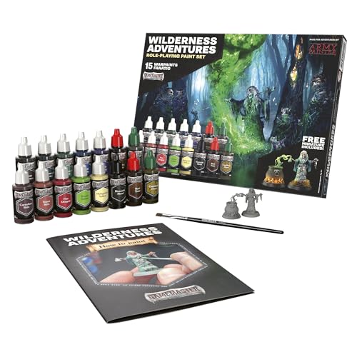 The Army Painter GameMaster: Wilderness Adventures Role-playing Paint Set, 15x18 ml Warpaints Fanatic Acrylic, 1 GameMaster Drybrush, 1 FREE Hard-plastic snap-fit Hag Miniature | 15 x 18ml Warpaints Fanatic Acrylic Paints, 1 GameMaster Dry Brush, 1 Free M