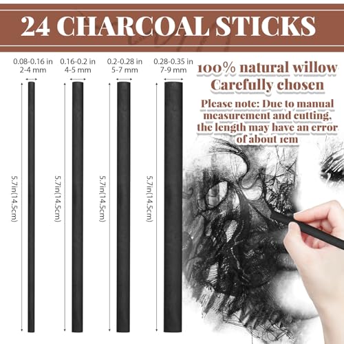 Gueevin 24 Pcs Soft Willow Charcoal Sticks Drawing,2-4mm，4-5mm，5-7mm，7-9mm | For Artists Beginners Students, Vine Charcoal Bulk for Sketching Shading Fine Art, Assorted Sizes, Back to School Gifts - size: 2-4mm，4-5mm，5-7mm，7-9mm