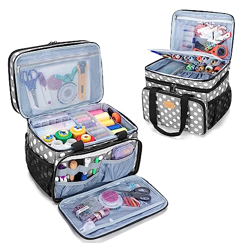 LUXJA Large Sewing Organizer with Many Compartments, Polka Dots | 2 Layers Sewing Storage Bag with Varisized Pockets for Needles, Threads, Scissors and Crafting Supplies (Bag Only) - color: Polka Dots
