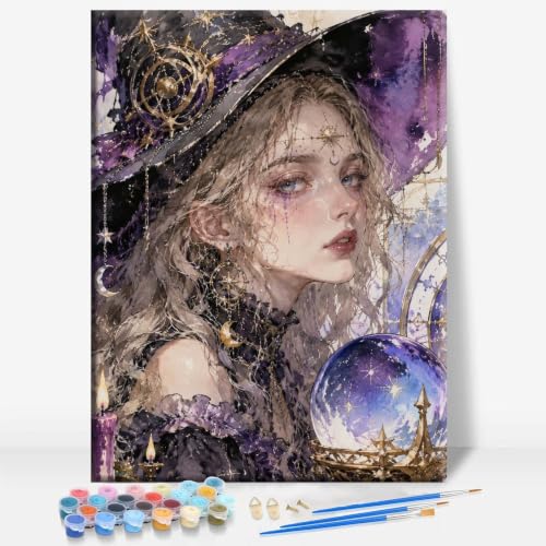 Aeontinity Astrology Witch Gothic Framed Canvas DIY Paint by Numbers Kit Bar Cafe Cave Home Room Wall Bathroom Porch Patio Decor Gift, 16 x 12 Inch - color: ASTROLOGY WITCH - 16 x 12 Inch