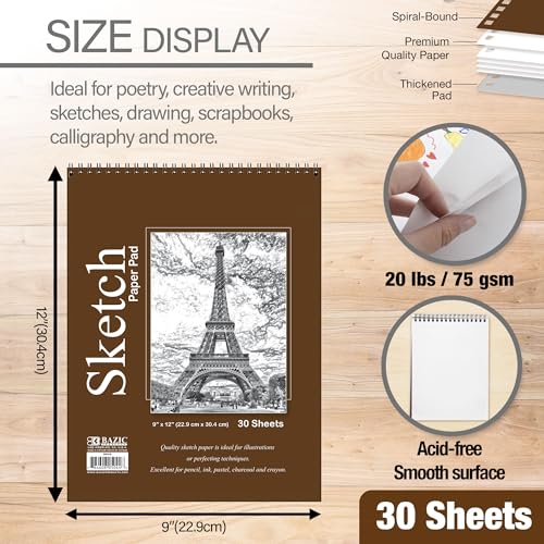 BAZIC Products Spiral Sketch Pad, Top Bound, 9 x 12 in, 30 Sheets | 30-sheet spiral sketch pad, Smooth drawing paper for sketching, Shading, For school and craft projects - color: 30 Sheets - 9"x12", size: 1-Pack