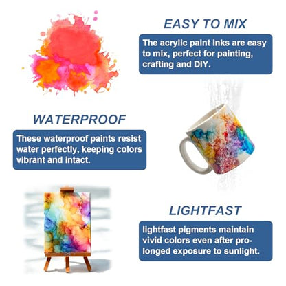 Roizefar Acrylic Paint Ink Set, 10 Colors Liquid Acrylic Paint for DIY | 2 Brushes & 1 Palette, Drawing Ink Set, Artists Inks, Ideal for Pouring Art, Mixed Media Projects (20 ml/0.68 fl oz)