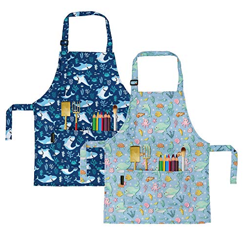 BeeGreen Kids Cooking Aprons 2 Pack, Adjustable Strap Toddler Art Apron with Front Pocket - color: Blue,light Blue
