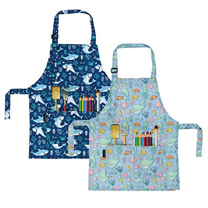 BeeGreen Kids Cooking Aprons 2 Pack, Adjustable Strap Toddler Art Apron with Front Pocket - color: Blue,light Blue