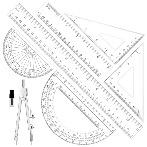7Pcs Geometry Set-Clear Plastic Rulers,Triangle Ruler,Protractor,Compass | 12Inch & 6Inch Ruler Set for School Office Math Drawing Drafting Engineering Architecture Art