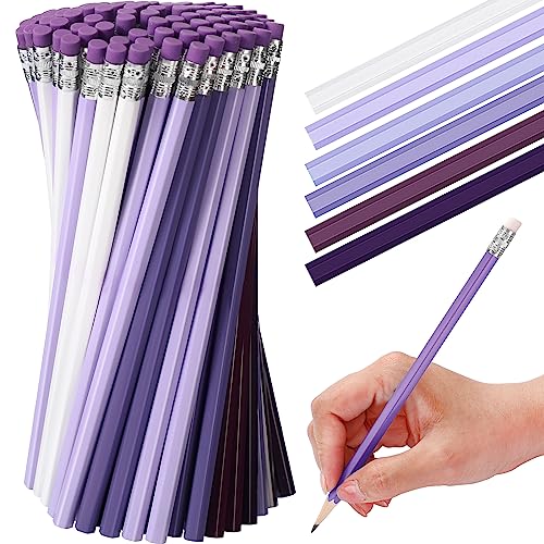TecUnite 60 Pcs HB Pencils #2 Unsharpened Wood Cased Pencils with Eraser Hexagonal Pencil Cute Graphite No 2 Pen for Adults Gifts Exam School Office Sketching Learning(Purple Series, White) - color: Purple Series, White