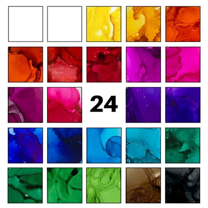 Alcohol Ink Set – New Improved Formula – 24 Highly Saturated, Fast-Drying, Permanent Inks for Epoxy Resin, Tumblers, Fluid Art Painting, Glass, Metal, and More