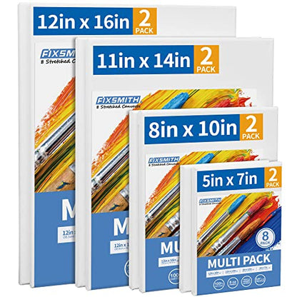 Stretched Canvas, Multipack of 8, 5x7, 8x10, 11x14 & 12x16 Inches - 2 of Each, 100% Cotton, 8 oz Gesso-Primed, Art Supplies for Acrylic and Oil Painting. - size: Multipack-8Pack