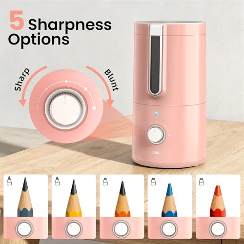 deli Electric Pencil Sharpener, Fully Automatic Pencil Sharpener, Pink | for 6.9-8mm Pencils, 5 Sharpness Modes, Rechargeable Hands-Free Sharpener for Classroom Home Office - color: Pink