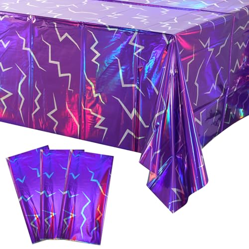 3 Pack Iridescent Purple Kpop Plastic Tablecloth 54x108 Inch, Holographic Laser Disposable Table Cover, Rectangle Purple Table Cloth for Kpop Halloween Birthday Party Decorations - color: Iridescent Kpop Purple