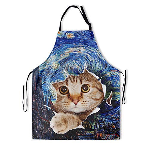 Funny Apron Polyester Grooming Aprons with Pocket for Cooking Kitchen Grilling Adults - color: Art Sky Cat