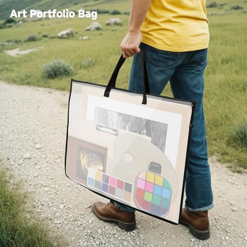 4 Pcs Art Portfolio Bag, 2 Pcs (25.31'' x 18.77'') Artwork Posters Storage Supply Bag and 2 Pcs (9.44'' x 4.33'') Small Mesh Zipper Pouch for Bulletin Board, Poster, Scrapbook, Brushes, Pencil