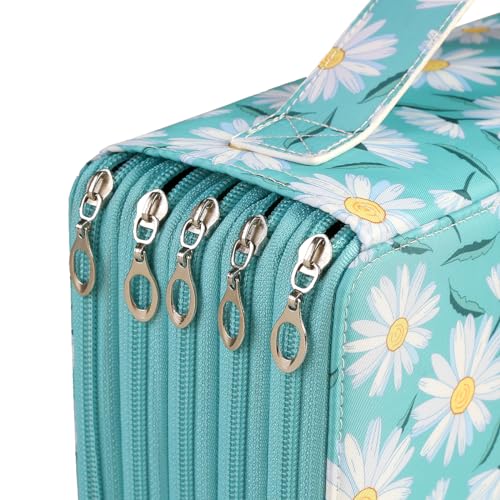 250 Slots Pencil Case 5-Layer Zipped Holder w/Handle - color: Daisy, size: 250