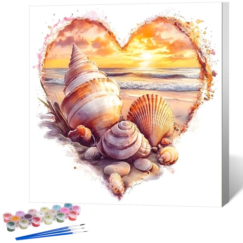 Framed Paint by Numbers Kit for Adults, Heart Seashell Beach Art 10x10 Inch | Paint by Number with Frame, DIY Acrylic Painting Kit for Relaxation, Easy for Beginners, Coastal Wall Decor Gift - color: OPFUS2512-12