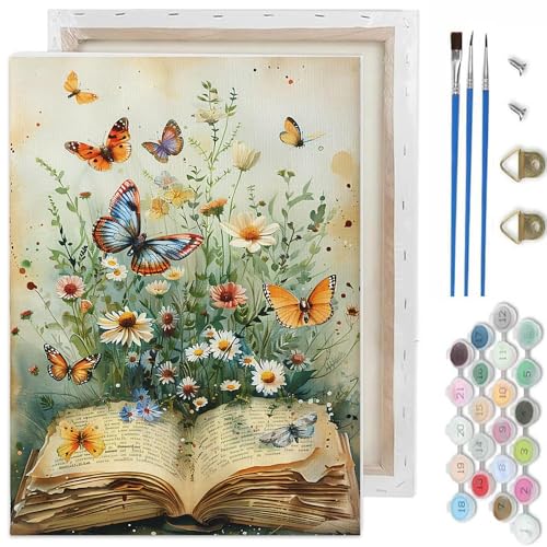 TCDZMYGS Book Paint by Numbers Kit for Adults Beginner,Daisy Butterfly Adult Paint by Number Kits on Canvas with Frame,DIY Acrylic Oil Painting by Numbers Kits for Home Wall Decor 10x12 inch - color: paint by number-1225-2
