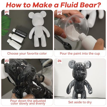 YONXID DIY Fluid Bear Painting Kit - Fluid Art Pour Paint Bear Set - Full Drip Paint Bears Kit with Spill Tray & Apron for Family Activity, Date Night, and Holiday Gifts, 9.05 Inches, Black+White+Pink - color: Black+White+Pink(Easy DIY)
