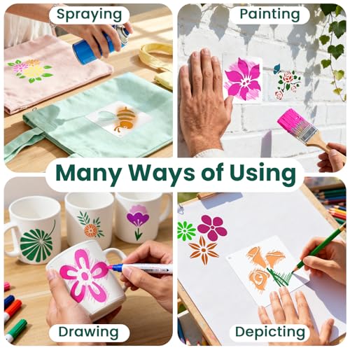 Amrules 65 Pcs Painting Stencils, Flowering Plants Theme, 4 x 4 Inch | Plastic, Drawing Templates Set for Crafts, Reusable DIY Art Stencil, For Wood, Walls, Cards, Fabrics, Rocks, Home Decoration - style: Flowering Plants