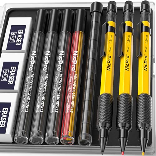 Nicpro 3 PCS 1.3 mm Mechanical Pencil Set with 48 Lead Refills, 3 Eraser | MP2000 Weatherproof Metal Barrel, Heavy Duty Carpenter Pencils for Outdoor Marking Drafting Drawing Woodworking - with Case - style: 3 Pack (Yellow)