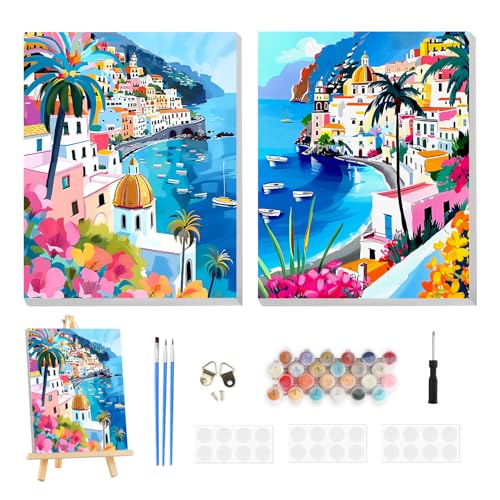 TOSTOG Amalfi Coast Views 2 Pack Framed Canvas Paint by Numbers Art Kit for Adults and Kids, Beginner Acrylic Oil Painting Supplies with Wooden Frame for Home Wall Decor 20 * 25 cm/8 * 10 in - color: Amalfi Coast Views
