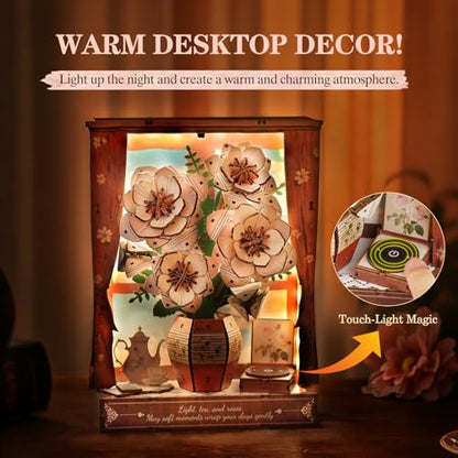 3D Puzzles for Adults Pink Roses Wooden Bloom Craft with LED Light - color: Pink Roses