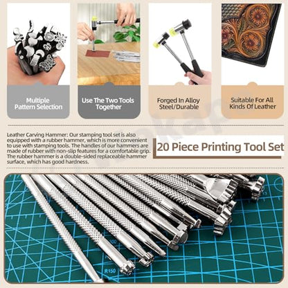 Wokape 23Pcs Leather Stamping Tools, Leather Stamping Kit Contains 20Pcs 4'' Different Special Shape Leather Carving Tools/Leather Punch Tools, 3Pcs 25mm Black/Yellow Rubber Hammer for Leather Working - color: N1
