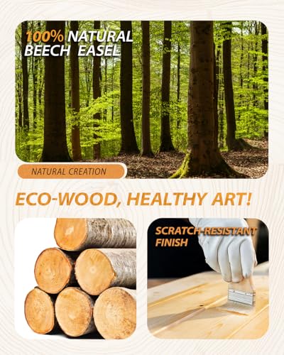 Painting Art Easel with Storage, 57"-72" Height Adjustable Easel Stand | Foldable beech wood easel with drawer trays,H-frame artist easel stand for painting,Wooden floor easel holds canvas up to 36" - color: Natural Wood