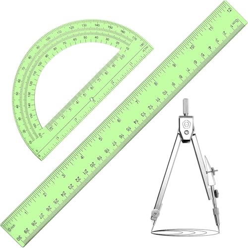 Zonon 3 Pcs 12" Clear Plastic Ruler 6 Inch Protractor Compass Set, Green - color: Green, size: 12 Inch