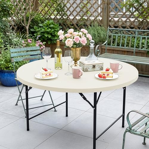 Round Fitted Tablecloth with Elastic-Spandex Table Covers 60 Inch Cream | 2 Pack Spandex Stretch Windproof Washable Round Folding Banquet Tablecloths 5ft-Party Event Outdoor Wedding Trade Show Dining - color: Cream, size: 60'' Round | 2 Pack
