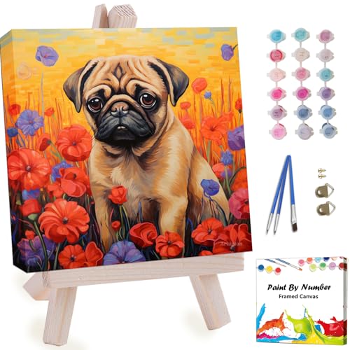 Artunion Framed Paint by Numbers Kit for Adults Beginners & Kids Ages 8-12,Pug Dog Paint by Number with Frame,Dog Animal Paint by Numbers Kit on Canvas 10 * 10 Inch Without Easel - color: ZXT-326-F
